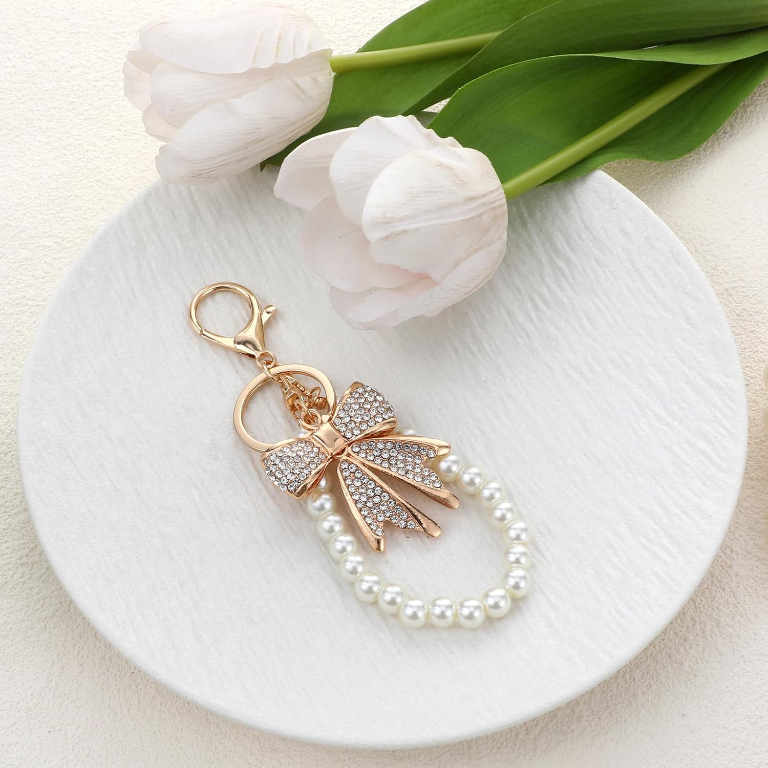 Women'S Accessories Handbags - White Rhinestone Bowknot Keychain Imitation Pearl